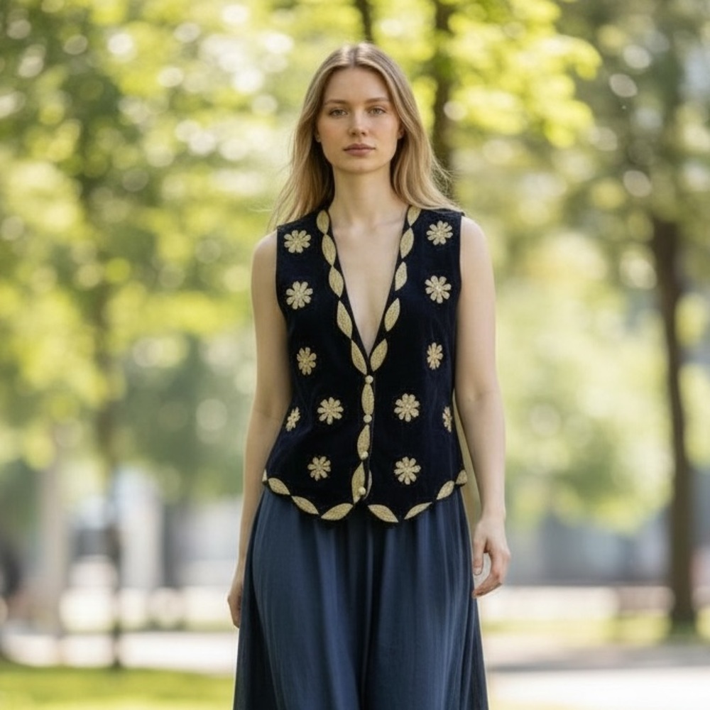 CHEYENNE SUEDE Embroidered Navy & Ivory Boho Western Button-up Vest, Medium